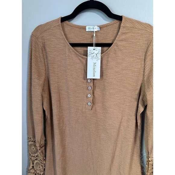 Miselon Womens Long Sleeve Henley Shirt V Neck Lace Button Top Ribbed Knit Large - Picture 6 of 10